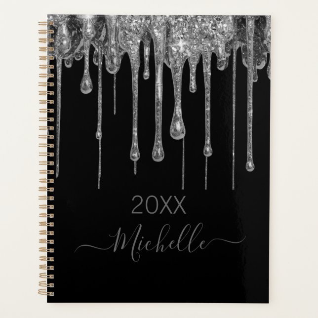Black Silver Glitter Monogram Name 2025 Custom  Planner (Front)