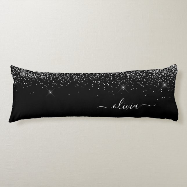 Black Silver Glitter Monogram Name Girly Body Pillow (Front)