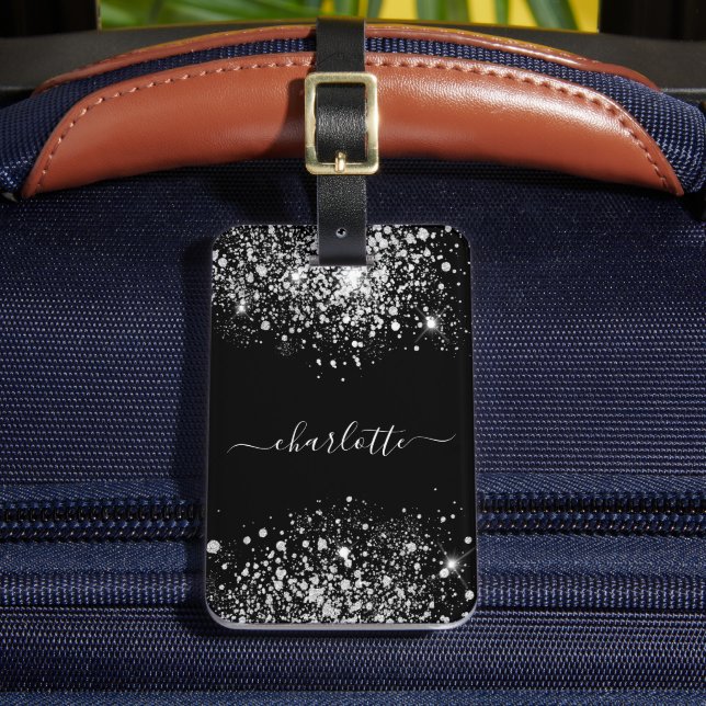 Black silver glitter name script luggage tag (Front Insitu 2)