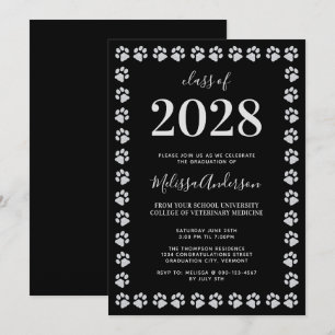 Black Silver Glitter Paw Prints Graduation Invitation
