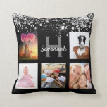 Black silver glitter photo collage monogram name throw pillow<br><div class="desc">A unique gift for a birthday, Christmas, mother's day, celebrating her life with a collage of 5 of your own photos, pictures. Personalize and add her name and monogram letter. A stylish black background. Decorated with faux silver glitter dust. Grey and white letters. The name is written with a modern...</div>