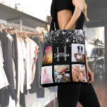 Black silver glitter photo collage monogram name tote bag<br><div class="desc">A unique gift for a birthday, Christmas, mother's day, celebrating her life with a collage of 5 of your own photos, pictures. Personalize and add her name and monogram letter. A stylish black background. Decorated with faux silver glitter dust. Grey and white letters and numbers. The name is written with...</div>