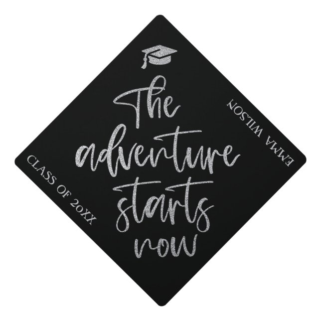 Black Silver Glitter Script Adventure Begins Text Graduation Cap Topper (Front)