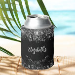 Black silver glitter script birthday can cooler<br><div class="desc">A black background. Decorated with faux silver sparkles.  Personalize and add the date and your name,  age.  White text.</div>