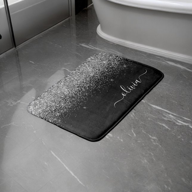 Black Silver Glitter Script Monogram Girly Name Bath Mat (Creator Uploaded)