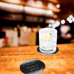 Black silver glitter script wedding round paper coaster<br><div class="desc">A stylish black background. Decorated with faux silver glitter,  sparkles.  Personalize and add your names and a date.</div>