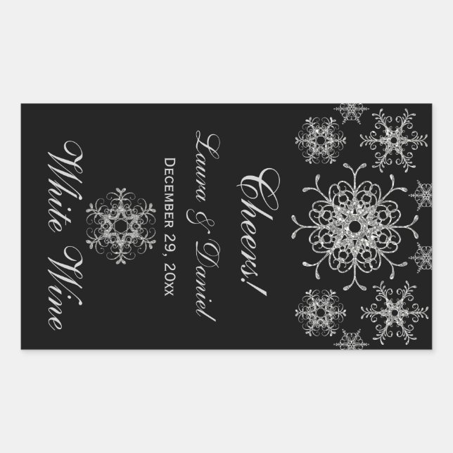 Black Silver Glitter Snowflakes Wine Label Sticker (Front)