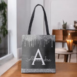 Black Silver Glitter Sparkle Elegant Monogram Tote Bag<br><div class="desc">Luxury Silver and Black Faux Sparkle and Glitter Elegant Monogram Book Bag. This Book Bag can be customized to include your initial and first name and given as a gift for Christmas,  Sweet 16 Birthday,  Bridal Shower or a Wedding.</div>