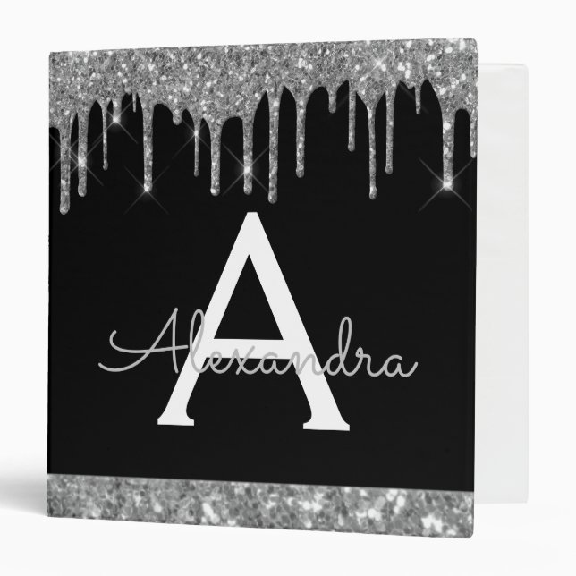 Black Silver Glitter & Sparkle Monogram Binder (Front/Inside)