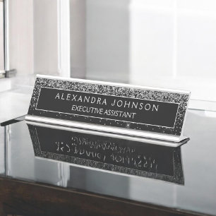 Black Silver Glitter Sparkle Professional Desk Name Plate