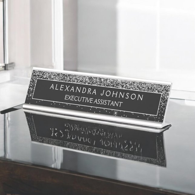 Black Silver Glitter Sparkle Professional Desk Name Plate (Creator Uploaded)