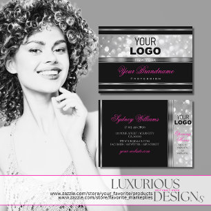Black Silver Glitter Sparkle Stars Logo Pink Font Business Card