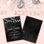 Black Silver Glitter Sparkles Lights Sweet 16 Invitation<br><div class="desc">This majestic and glamourous sweet sixteen birthday party invitation is perfect for the girly girl. It features glowing hanging light strands on top of faux printed silver sparkly glitter confetti on a black abstract background inspired by stars in the night sky. It's pretty, chic, modern, trendy, and cool; the perfect...</div>
