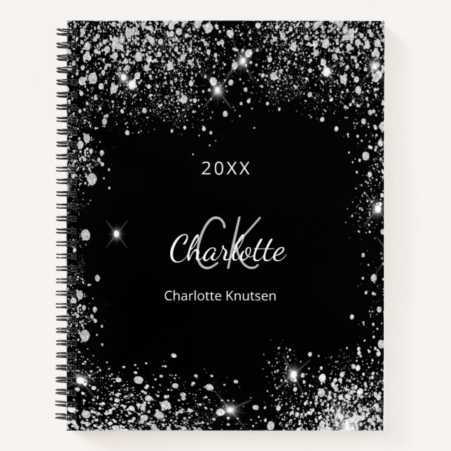 Black silver glitter sparkles monogram initials  notebook (Front)