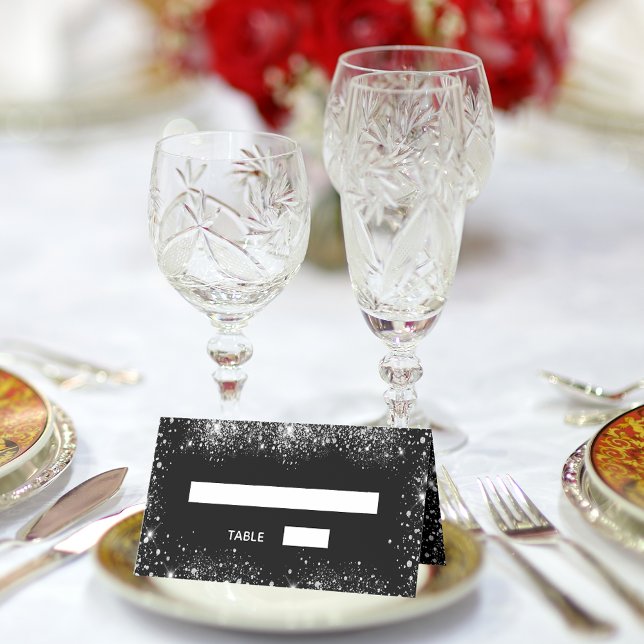 Black silver glitter sparkles wedding place card (Creator Uploaded)