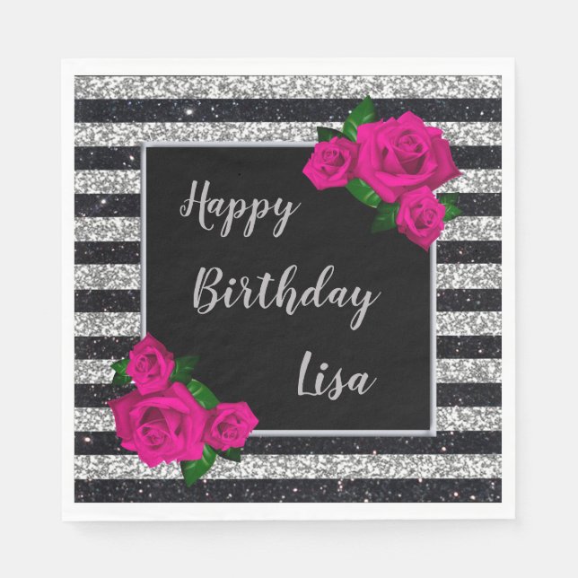 Black Silver Glitter Stripes Pink Roses Birthday Napkin (Front)