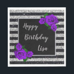 Black Silver Glitter Stripes Purple Roses Birthday Napkin<br><div class="desc">Set the table with a napkin that will enhance the festivities. Birthday parties should be special for every person. Napkins add a unique touch to all birthday parties and events. Personalize by changing the text in the fields provided. You can change font style,  size,  and colour.</div>