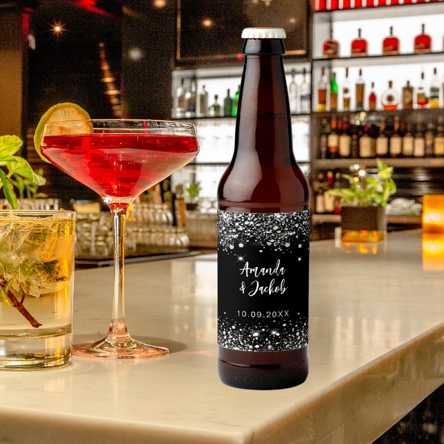 Black silver glitter wedding beer bottle label (Creator Uploaded)