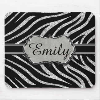 Black Silver Glitter Zebra Pattern Monogram Mouse Pad