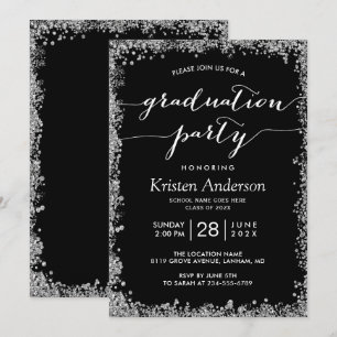Black Silver Glitters Typography Graduation Party Invitation