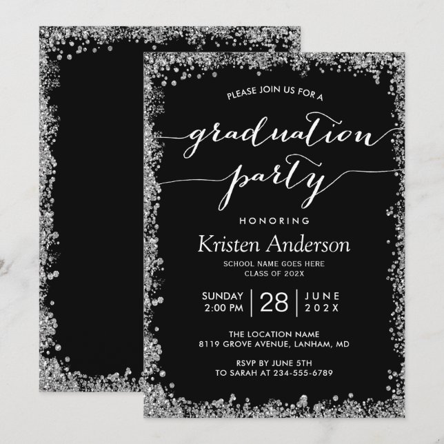 Black Silver Glitters Typography Graduation Party Invitation (Front/Back)