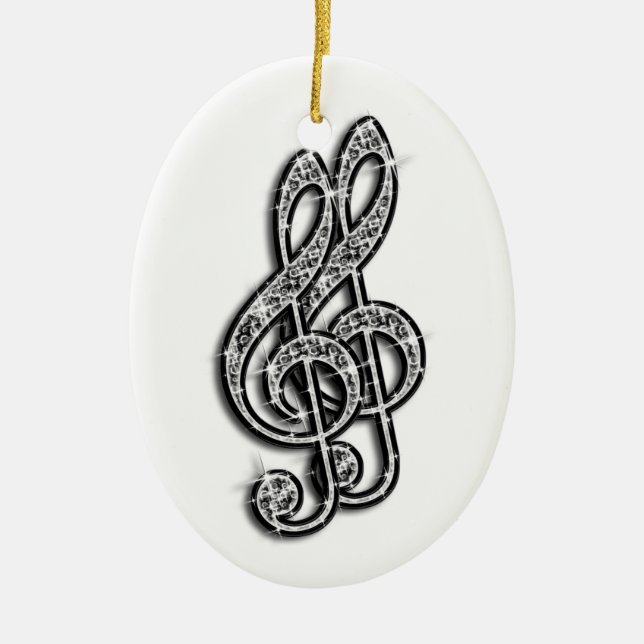 Black & Silver Glitzy Sparkly Diamond Music Notes Ceramic Ornament (Front)