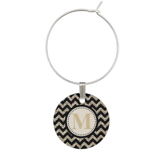 Black Silver Gold Faux Glitter Chevron Monogram Wine Glass Charm