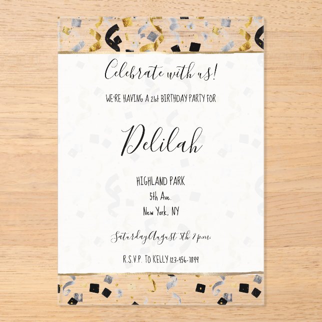 Black Silver Gold Glam Confetti Birthday Acrylic Invitations (Front)