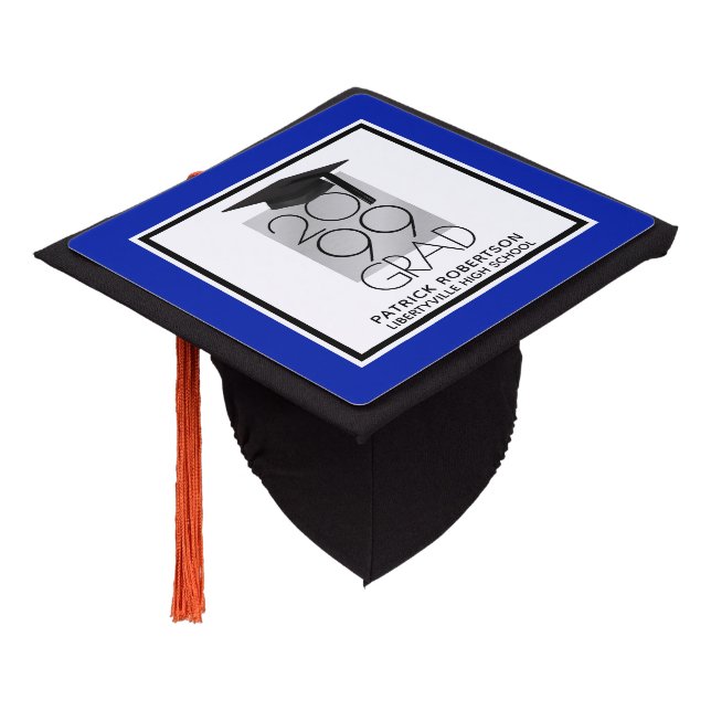 Black & Silver GRAD | Editable Blue | Personalized Graduation Cap Topper (Angled)