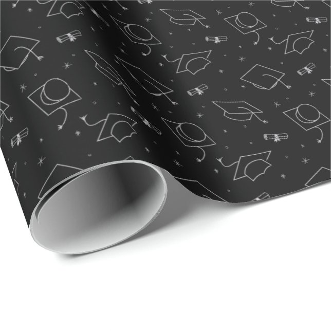 Black & Silver Graduation Cap Toss Wrapping Paper (Roll Corner)