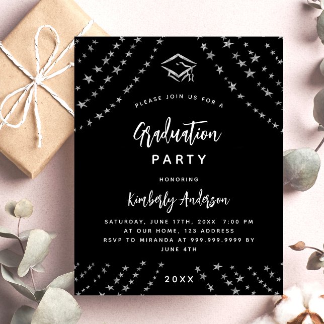 Black silver graduation party budget invitation (Creator Uploaded)