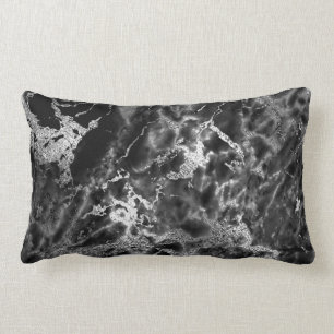 Black Silver Graphite Grey Marble Stone Glam Lumbar Pillow