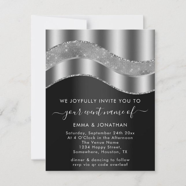 Black Silver Grey Border Glitter Wave QR Code (Front)