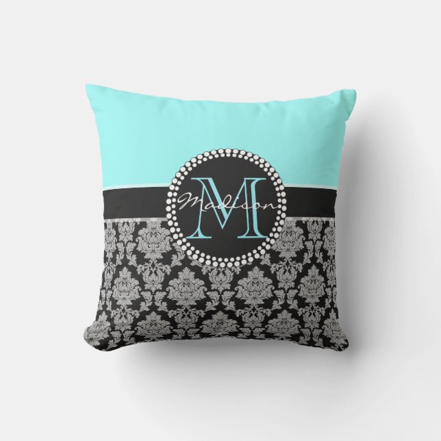 Black silver grey Damask, turquoise, aqua blue Throw Pillow (Front)