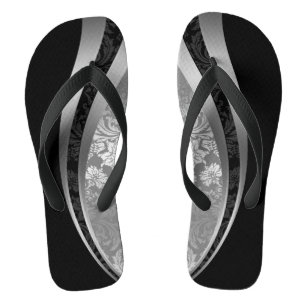 Black & Silver Grey Damasks Geometric Design Flip Flops
