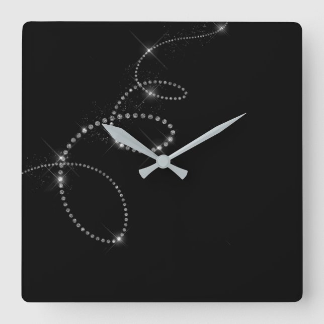 Black Silver Grey Gemms Crystal Swarovski Infinity Square Wall Clock (Front)