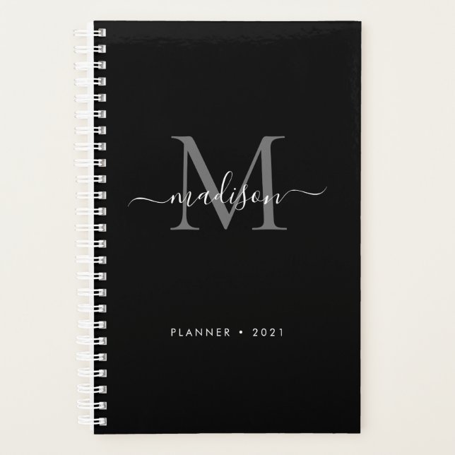 Black Silver Grey Girly Monogram Script Name 2021 Planner (Front)