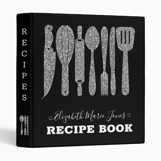 Black Silver Grey Glitter Cooking Utensil Recipe Binder (Front/Spine)