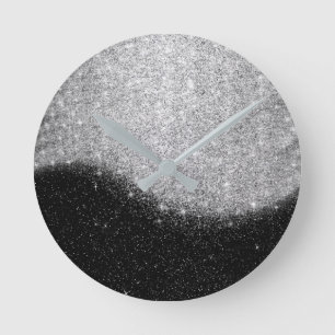 Black Silver Grey Glitter Minimal Ombre Elegant Round Clock