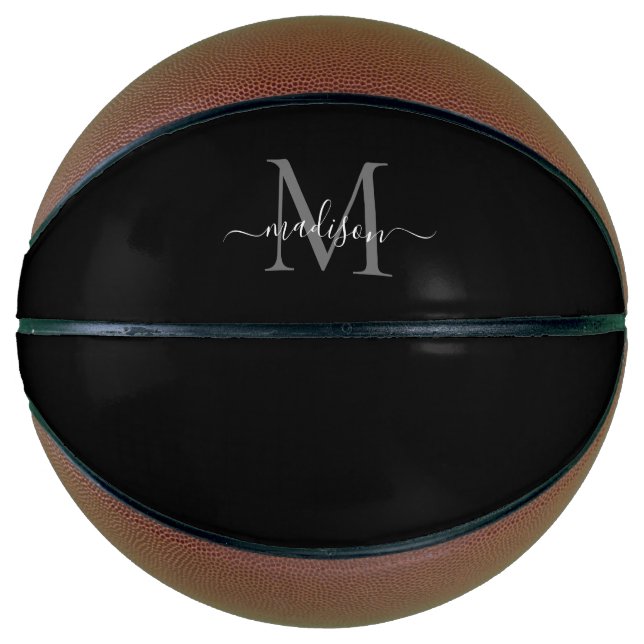Black Silver Grey Monogram Feminine Girly Script Basketball (Front)