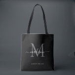 Black Silver Grey Monogram Script Name Initial Tote Bag<br><div class="desc">Modern Black Silver Slate Grey Monogram Elegant Script Name Initial Tote Bag</div>