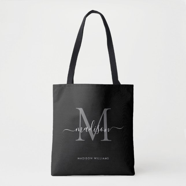Black Silver Grey Monogram Script Name Initial Tote Bag (Front)