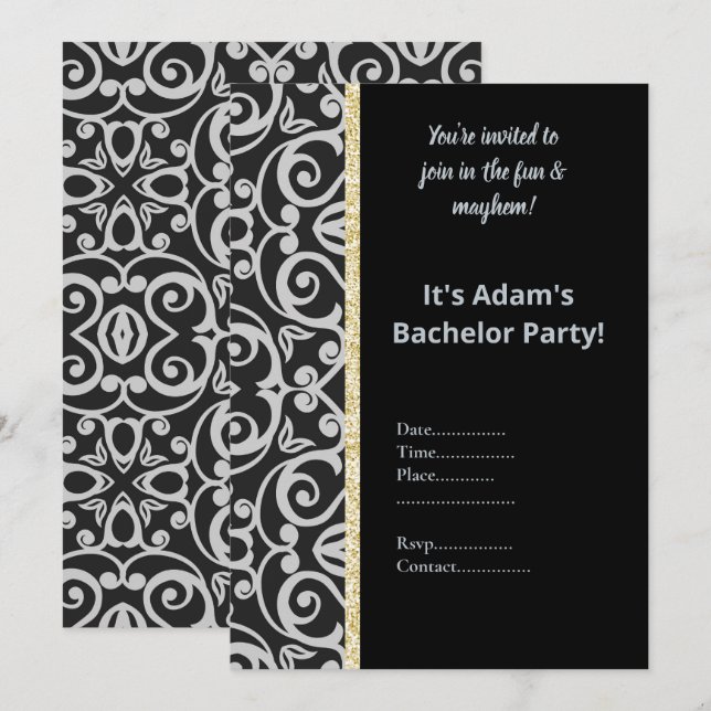 BLACK SILVER GREY PATTERN BACHELOR PARTY INVITE (Front/Back)