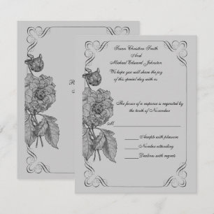 Black Silver Grey Peony Floral Wedding RSVP Card