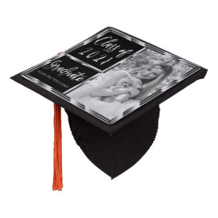Black Silver Grey Photo Graduate Class of 2021 Graduation Cap Topper