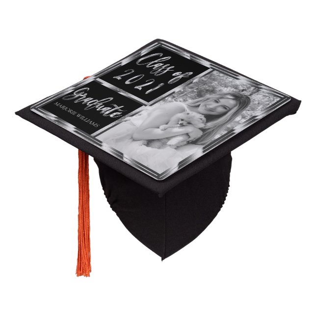 Black Silver Grey Photo Graduate Class of 2021 Graduation Cap Topper (Angled)