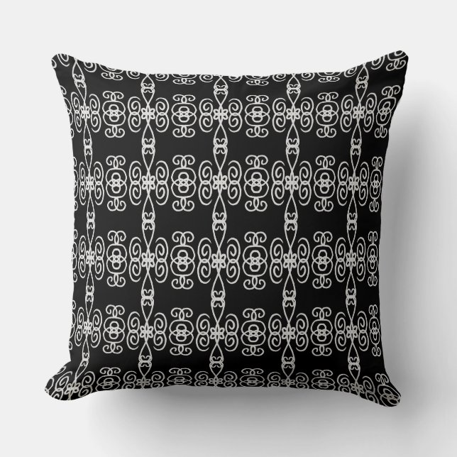 Black & Silver Grey Spiral Geometric Pattern Throw Pillow (Front)