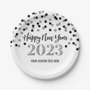 Black Silver Happy New Year 2023 Paper Plates