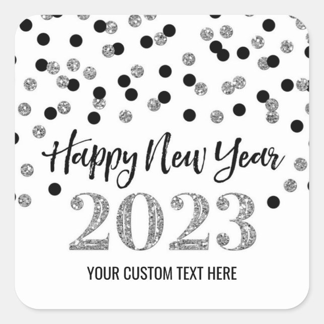 Black Silver Happy New Year 2023 Square Sticker (Front)