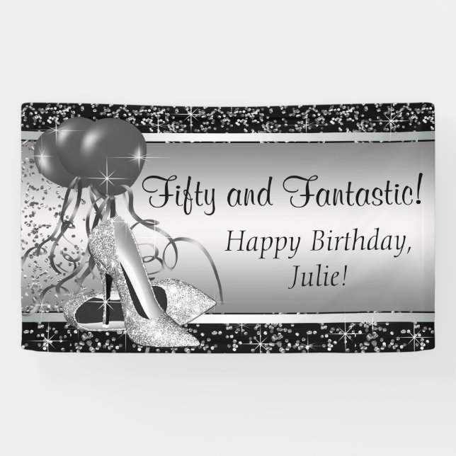Black Silver High Heel Shoe Birthday Party Banner (Horizontal)